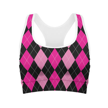 Black And Deep Pink Argyle Pattern Print Women's Sports Bra