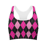 Black And Deep Pink Argyle Pattern Print Women's Sports Bra
