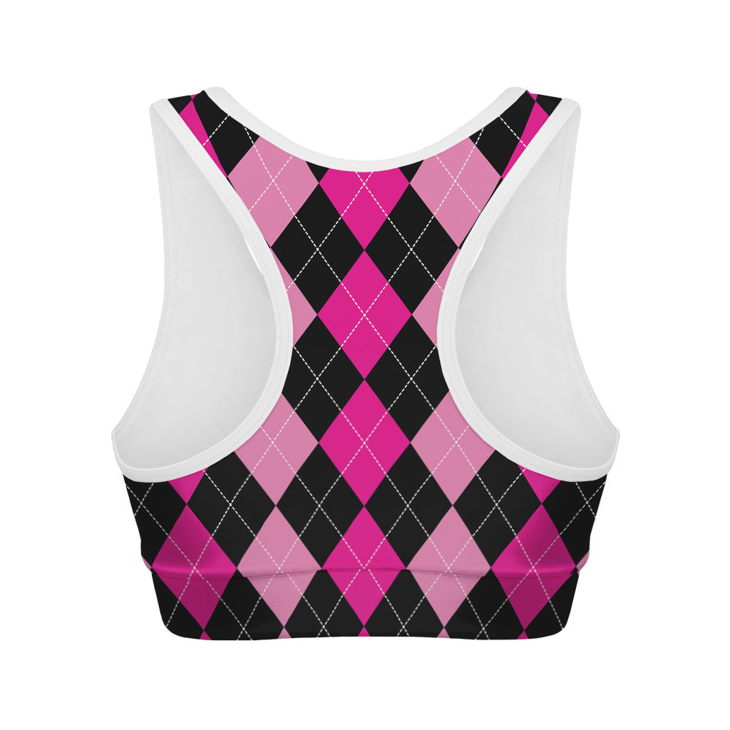 Black And Deep Pink Argyle Pattern Print Women's Sports Bra