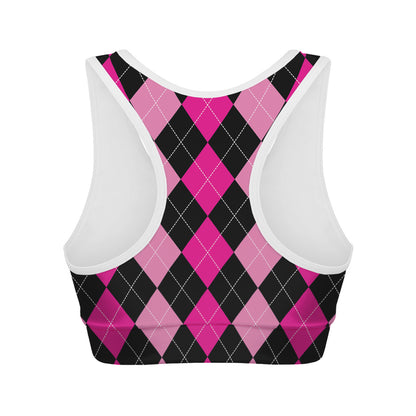 Black And Deep Pink Argyle Pattern Print Women's Sports Bra