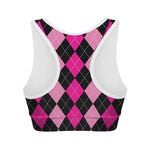Black And Deep Pink Argyle Pattern Print Women's Sports Bra
