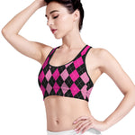 Black And Deep Pink Argyle Pattern Print Women's Sports Bra