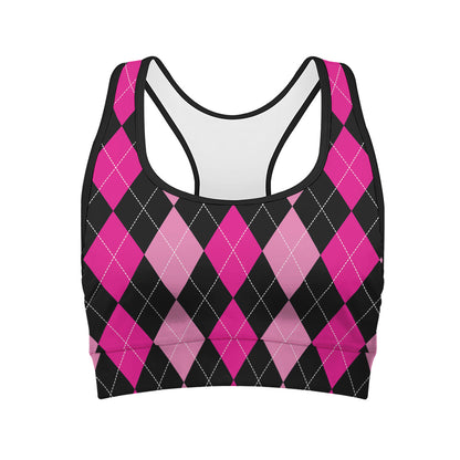 Black And Deep Pink Argyle Pattern Print Women's Sports Bra