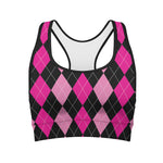 Black And Deep Pink Argyle Pattern Print Women's Sports Bra