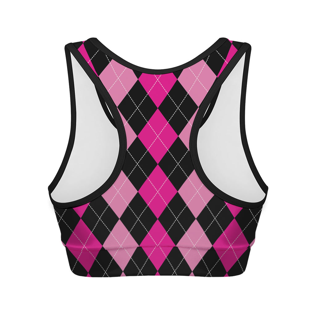 Black And Deep Pink Argyle Pattern Print Women's Sports Bra