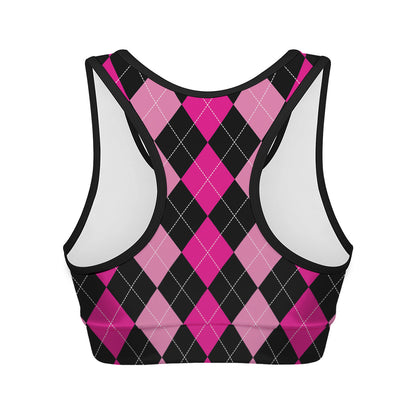 Black And Deep Pink Argyle Pattern Print Women's Sports Bra