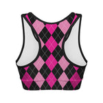 Black And Deep Pink Argyle Pattern Print Women's Sports Bra
