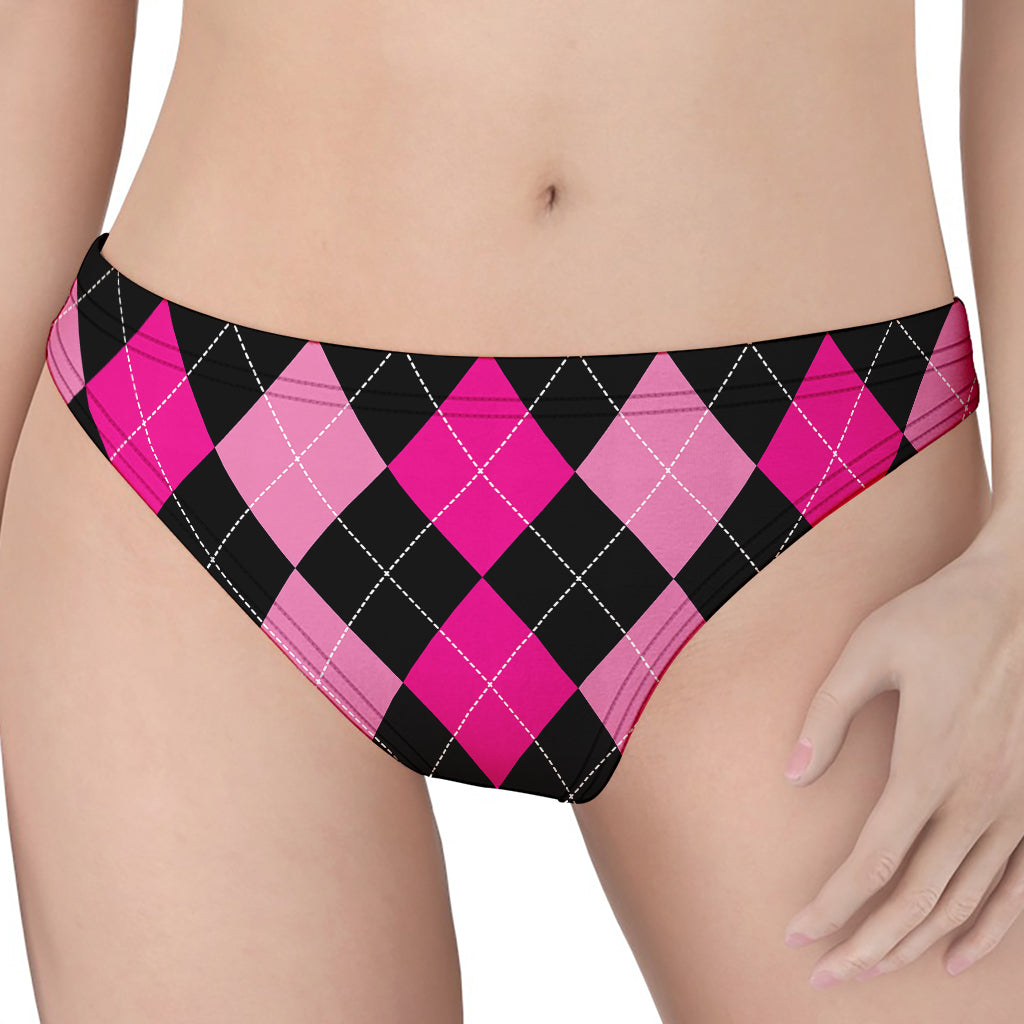 Black And Deep Pink Argyle Pattern Print Women's Thong