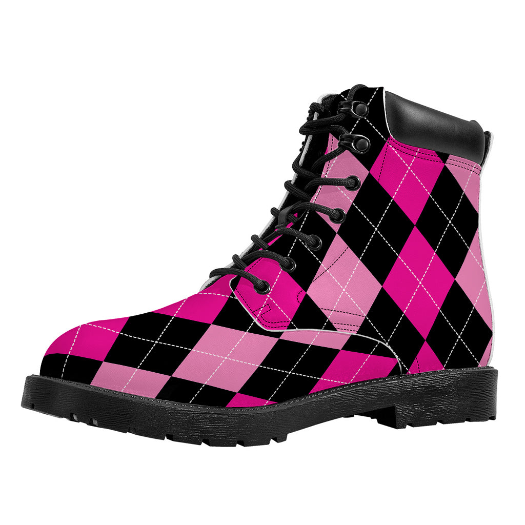 Black And Deep Pink Argyle Pattern Print Work Boots