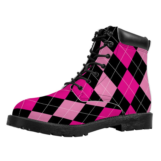 Black And Deep Pink Argyle Pattern Print Work Boots