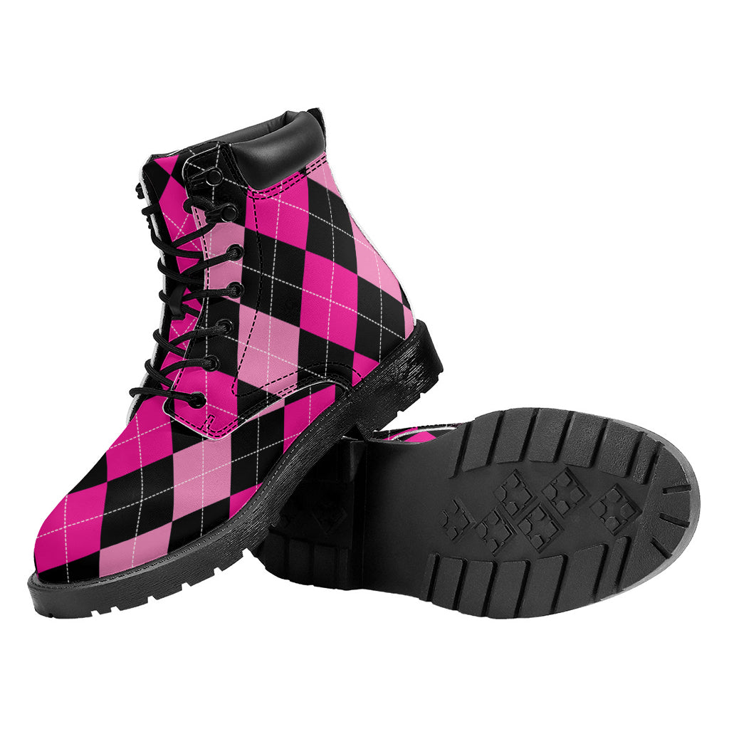 Black And Deep Pink Argyle Pattern Print Work Boots