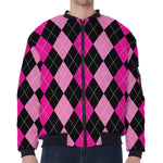 Black And Deep Pink Argyle Pattern Print Zip Sleeve Bomber Jacket