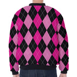 Black And Deep Pink Argyle Pattern Print Zip Sleeve Bomber Jacket
