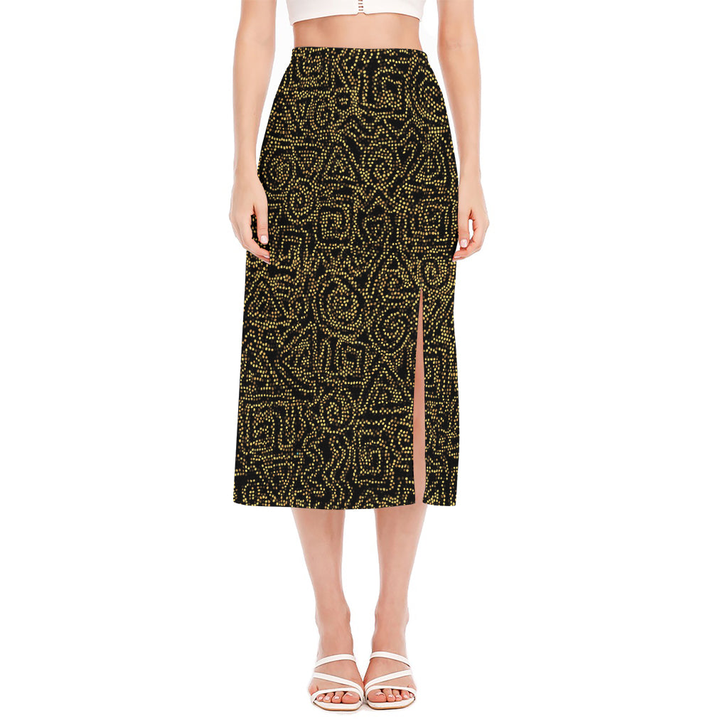 Black And Gold African Afro Print Side Slit Midi Skirt