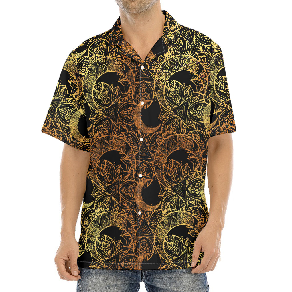Black And Gold Celestial Pattern Print Aloha Shirt