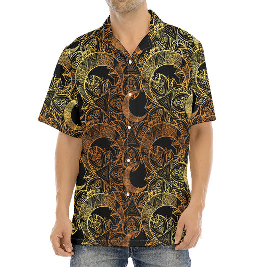 Black And Gold Celestial Pattern Print Aloha Shirt