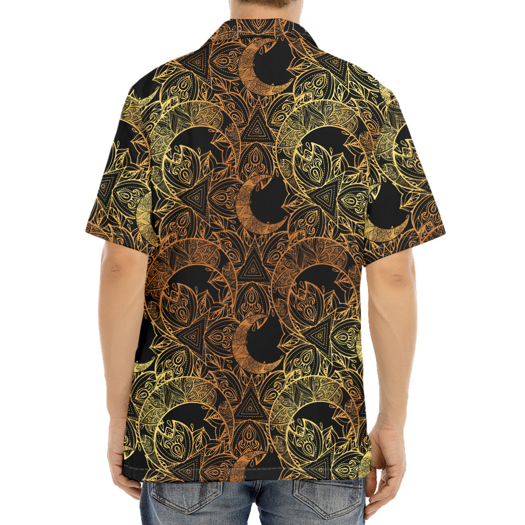 Black And Gold Celestial Pattern Print Aloha Shirt