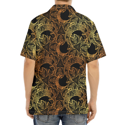 Black And Gold Celestial Pattern Print Aloha Shirt