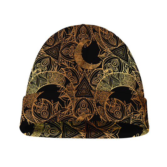 Black And Gold Celestial Pattern Print Beanie