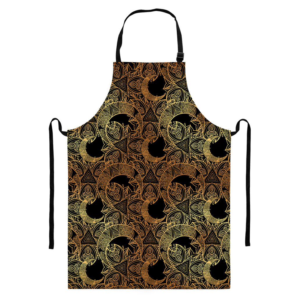 Black And Gold Celestial Pattern Print Bib Apron With Pocket