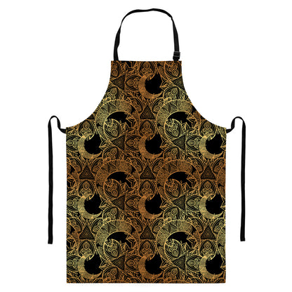 Black And Gold Celestial Pattern Print Bib Apron With Pocket