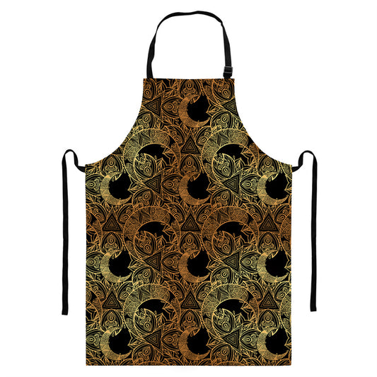 Black And Gold Celestial Pattern Print Bib Apron With Pocket