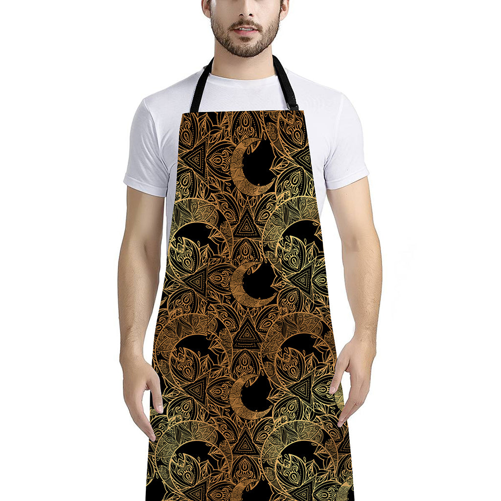 Black And Gold Celestial Pattern Print Bib Apron With Pocket