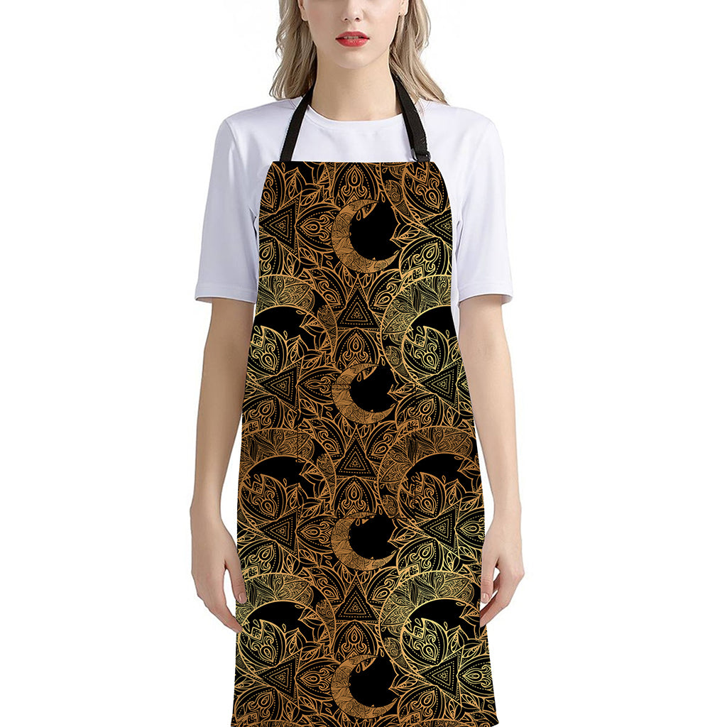 Black And Gold Celestial Pattern Print Bib Apron With Pocket