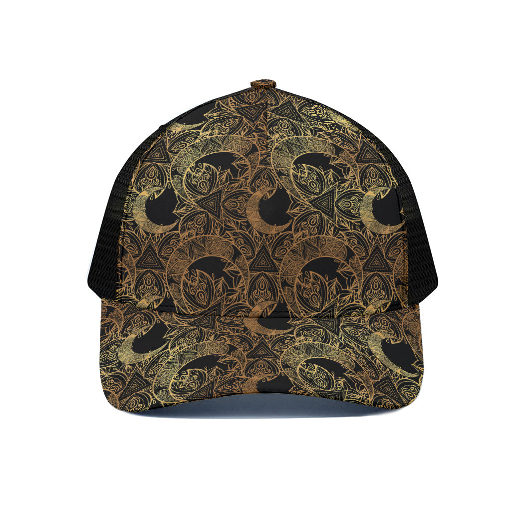 Black And Gold Celestial Pattern Print Black Mesh Trucker Cap