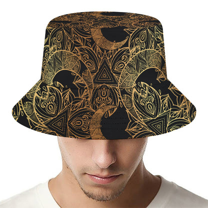 Black And Gold Celestial Pattern Print Bucket Hat
