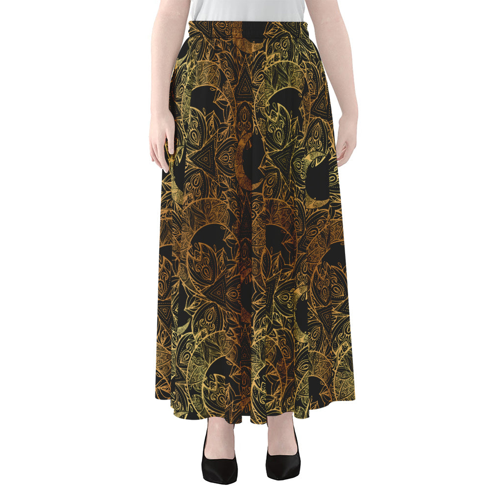 Black And Gold Celestial Pattern Print Chiffon Maxi Skirt
