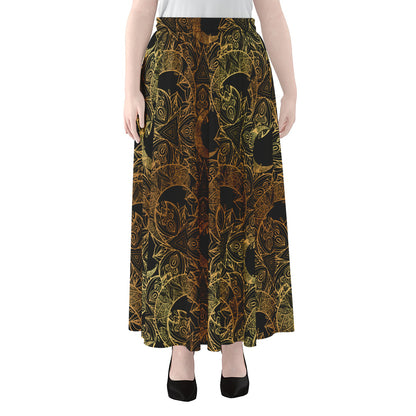 Black And Gold Celestial Pattern Print Chiffon Maxi Skirt