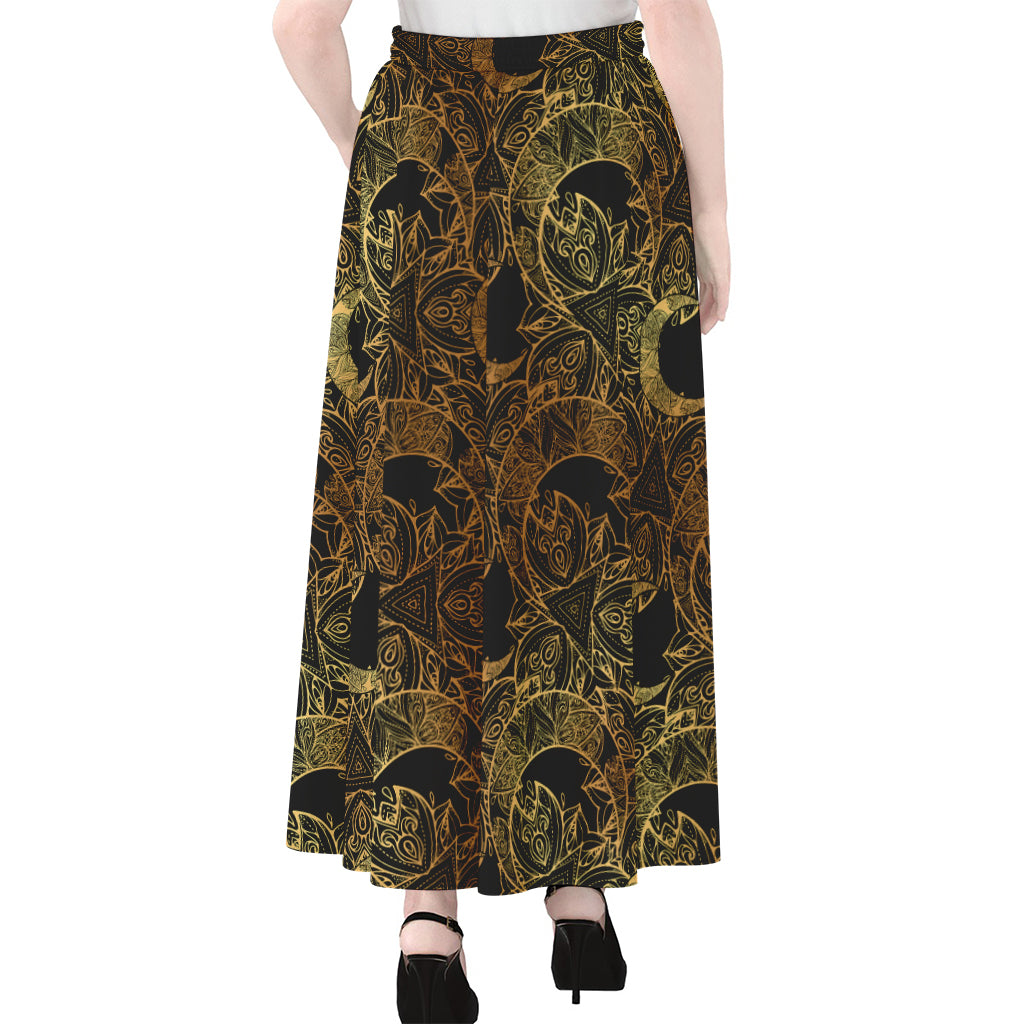 Black And Gold Celestial Pattern Print Chiffon Maxi Skirt