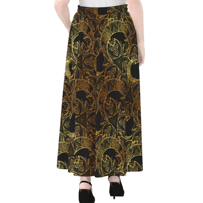 Black And Gold Celestial Pattern Print Chiffon Maxi Skirt