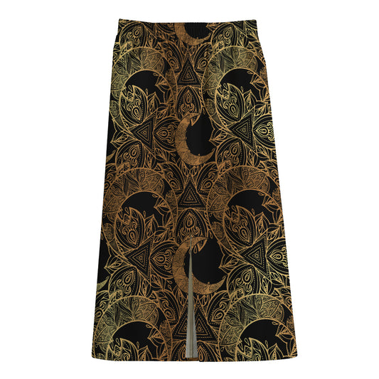 Black And Gold Celestial Pattern Print Cotton Front Slit Maxi Skirt