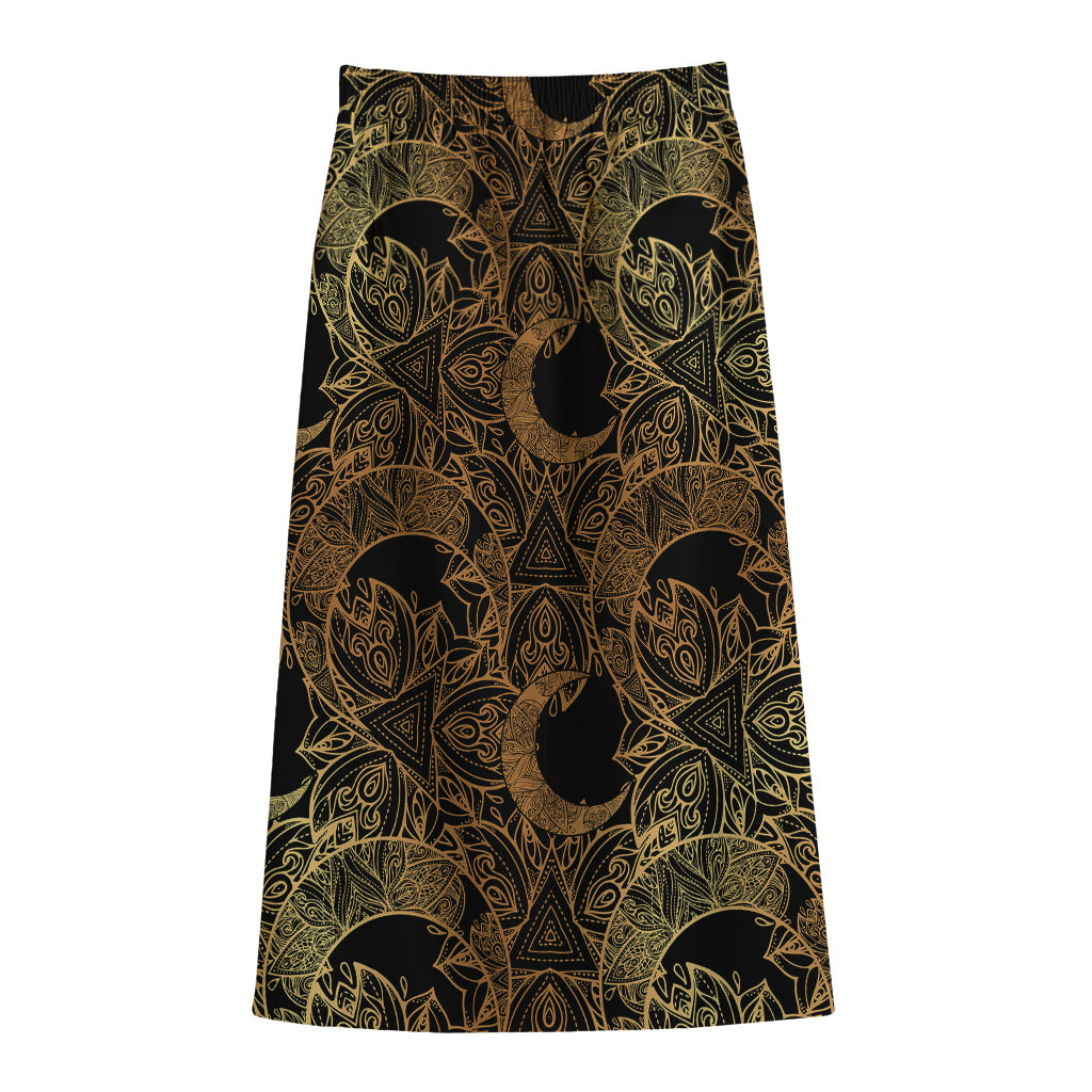 Black And Gold Celestial Pattern Print Cotton Front Slit Maxi Skirt