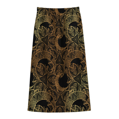 Black And Gold Celestial Pattern Print Cotton Front Slit Maxi Skirt