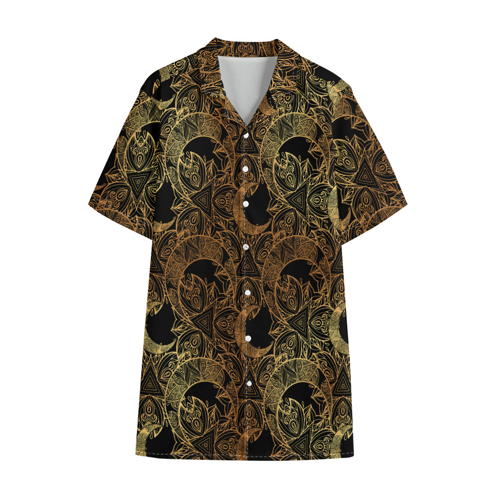 Black And Gold Celestial Pattern Print Cotton Hawaiian Shirt