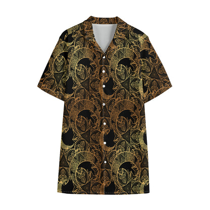 Black And Gold Celestial Pattern Print Cotton Hawaiian Shirt