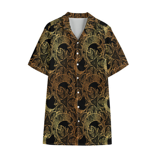 Black And Gold Celestial Pattern Print Cotton Hawaiian Shirt