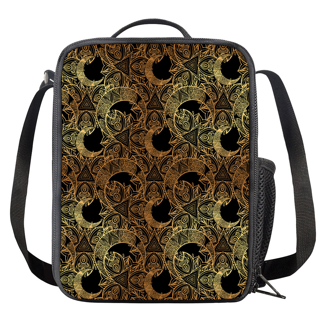 Black And Gold Celestial Pattern Print Crossbody Lunch Bag