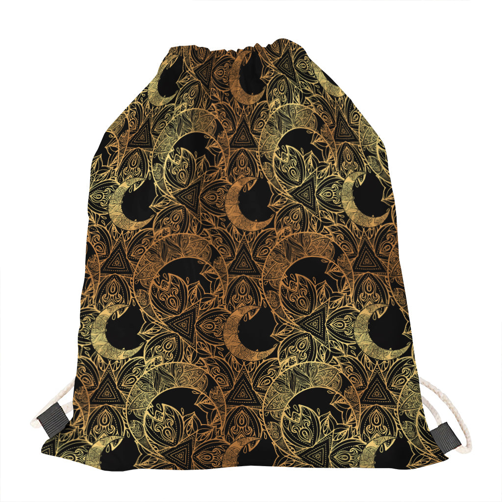 Black And Gold Celestial Pattern Print Drawstring Bag