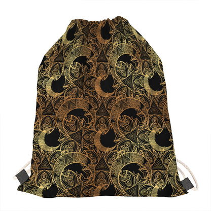 Black And Gold Celestial Pattern Print Drawstring Bag