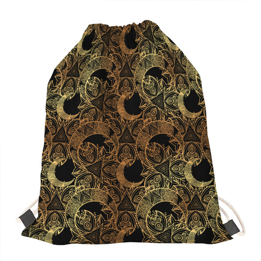 Black And Gold Celestial Pattern Print Drawstring Bag