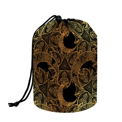 Black And Gold Celestial Pattern Print Drawstring Makeup Bag