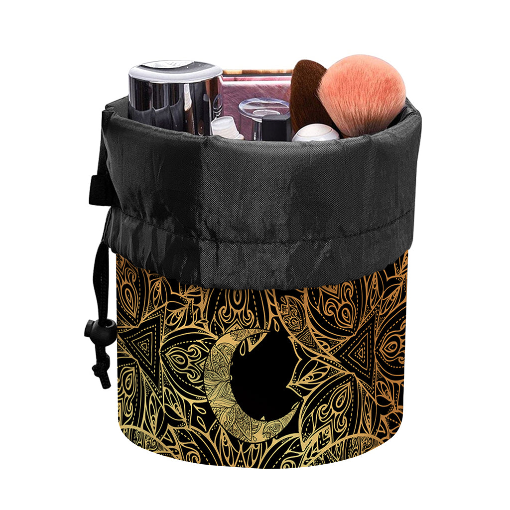 Black And Gold Celestial Pattern Print Drawstring Makeup Bag