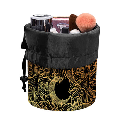 Black And Gold Celestial Pattern Print Drawstring Makeup Bag