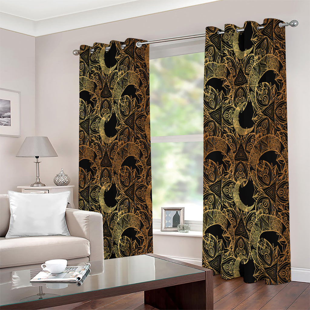 Black And Gold Celestial Pattern Print Extra Wide Grommet Curtains