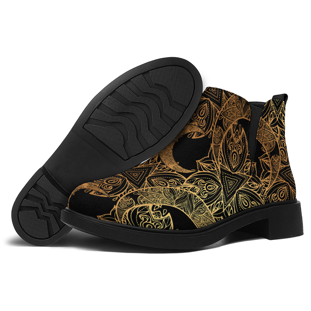 Black And Gold Celestial Pattern Print Flat Ankle Boots