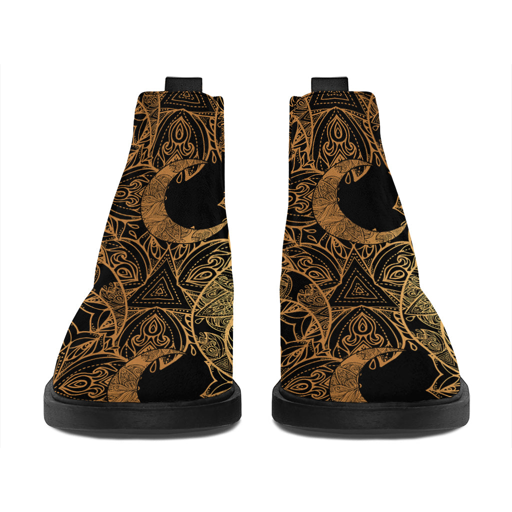 Black And Gold Celestial Pattern Print Flat Ankle Boots